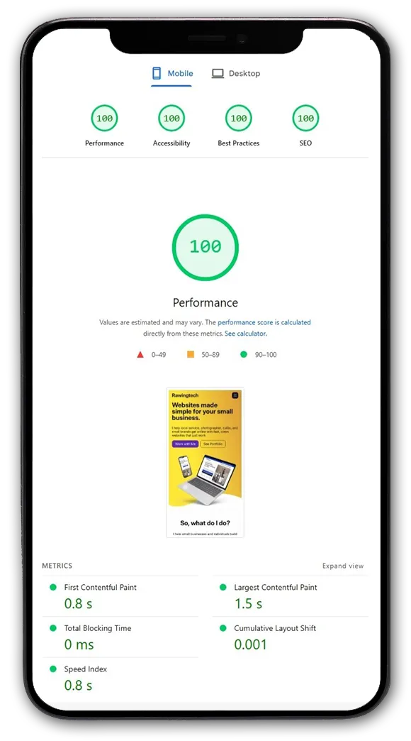 Pagespeed test on this website on phone mockup